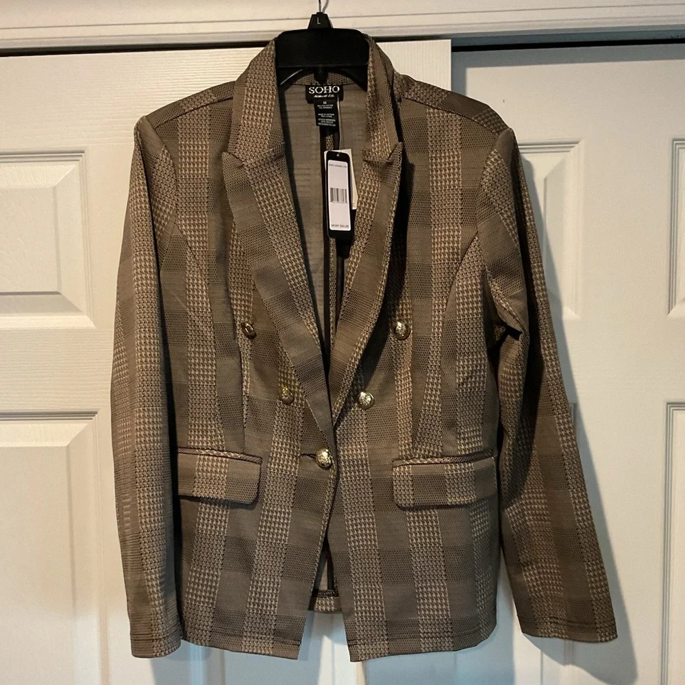 NWT Soho Military Houndstooth Plaid Double Breast Suit Jacket Blazer Y2K Office